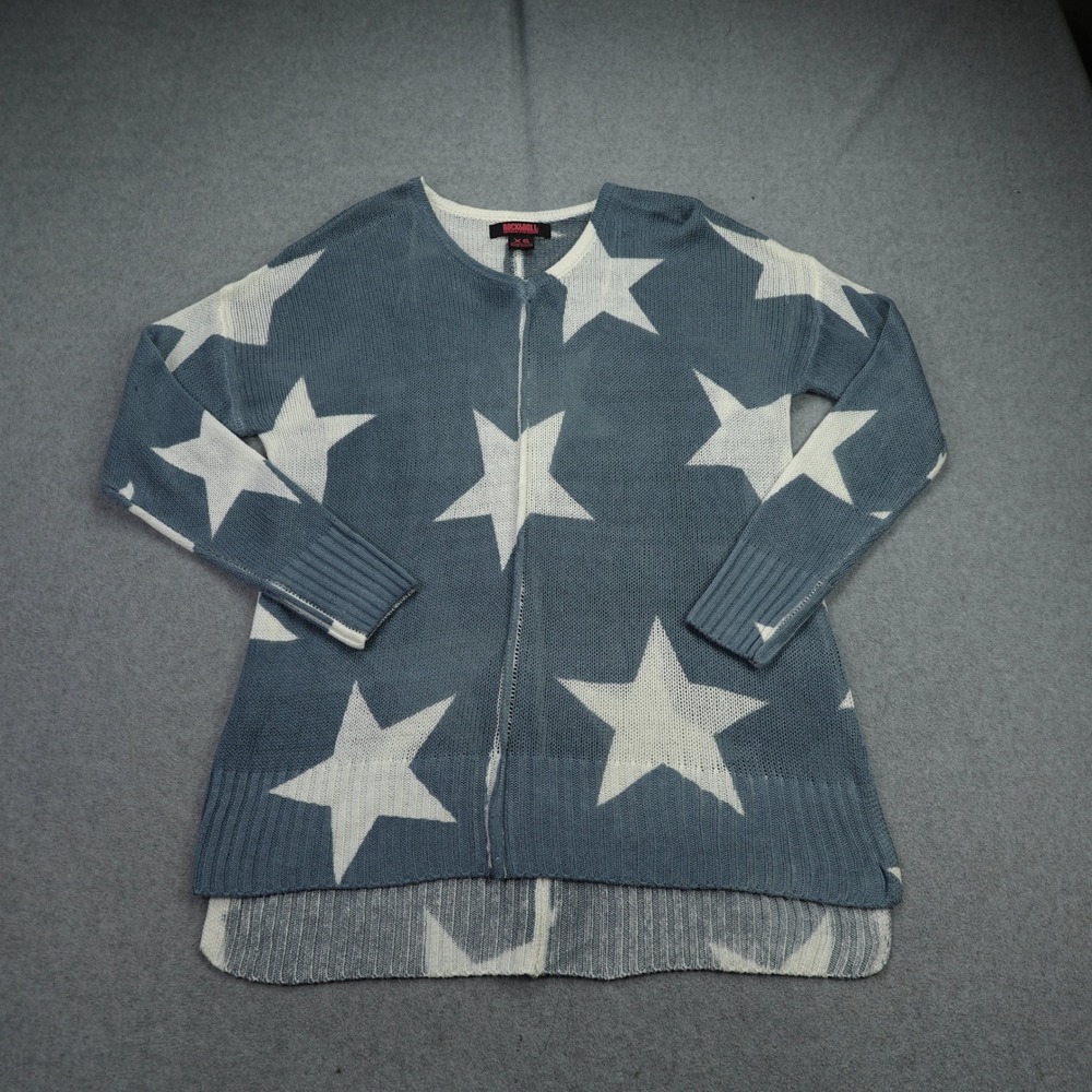 Rock & Roll Denim Sweater Womens XS‎ Blue Western Knit Hi Low Stars Print